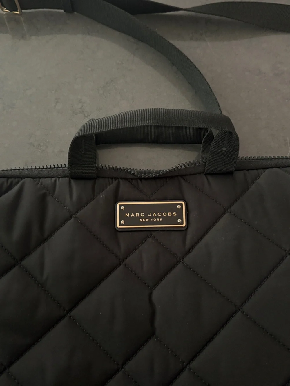 Marc Jacobs Black Quilted Laptop Shoulder Bag with Gold Hardware